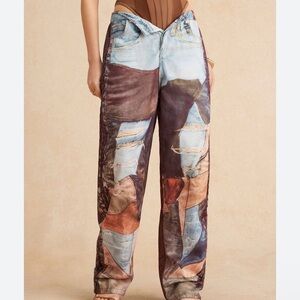 Micas Painted Print Button Fly Wide-Leg Jeans in Blue and Brown
